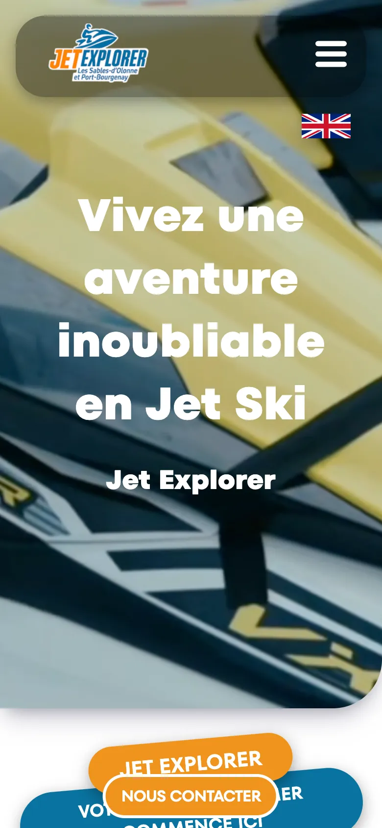 Capture mobile du site actuel : vidéo d'ouverture floue, texte d'accueil et boutons qui se chevauchent en bas de l'écran