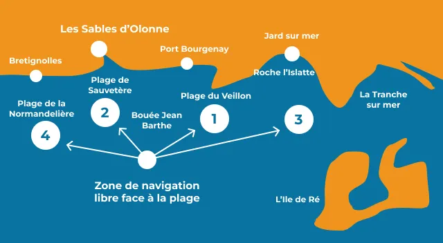 Carte de la zone de navigation face aux Sables-d'Olonne : plage du Veillon, plage de Sauveterre, plage de la Normandelière, Roches de l'Islatte